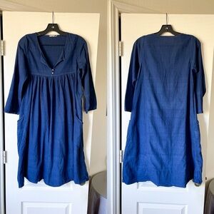 Injiri Cotton Slub V-Neck Knee Dress Buttoned Navy Blue 36 GUC